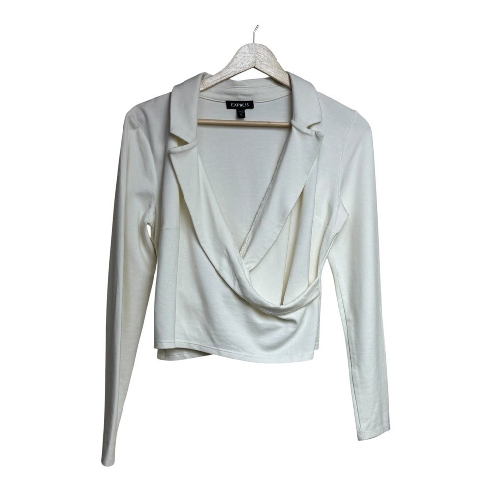 Express Women Cream Long Sleeve Lapel Drape Front Cropped Top M